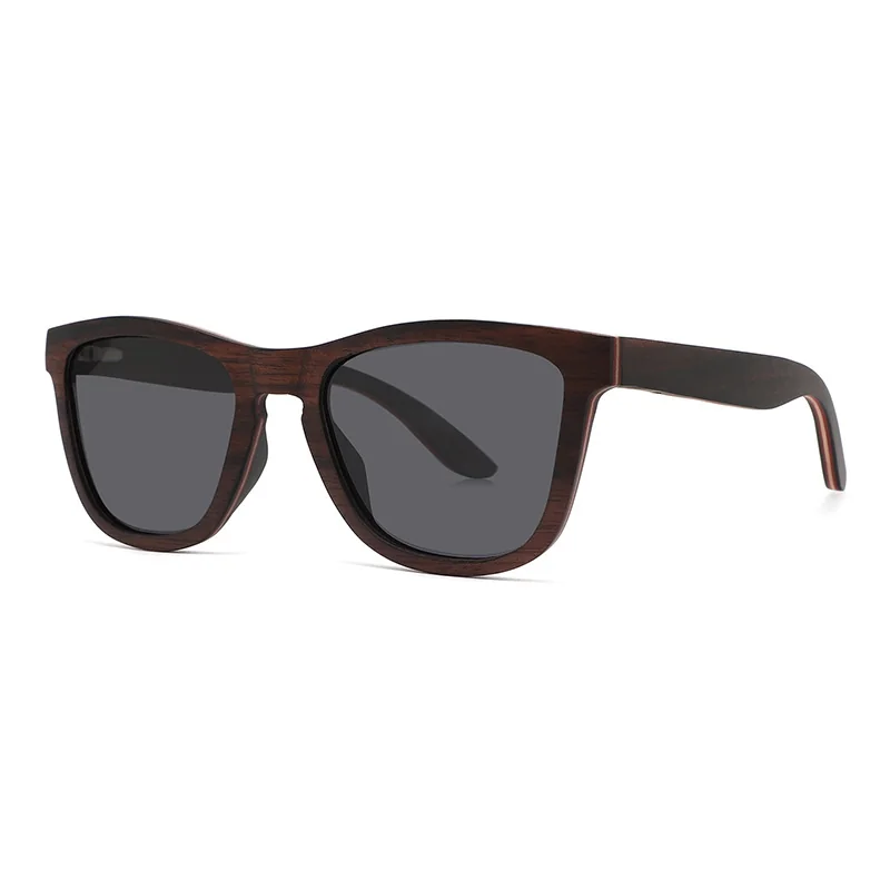 Wholesale wood frame polarized sunglasses with black wood grain frame and UV400 grey lenses