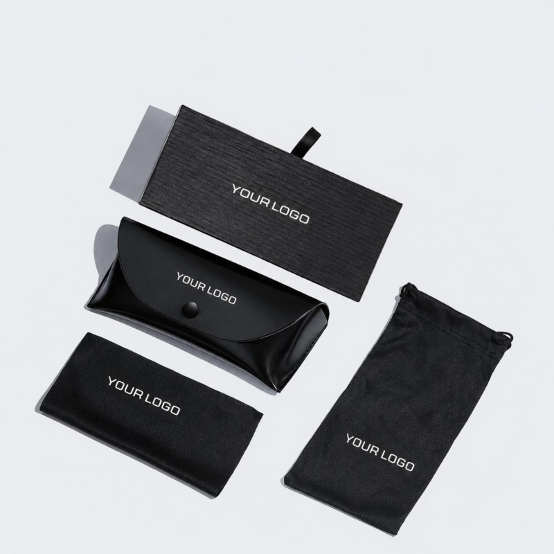 Custom eyewear packaging set with glasses case pouch and cleaning cloth