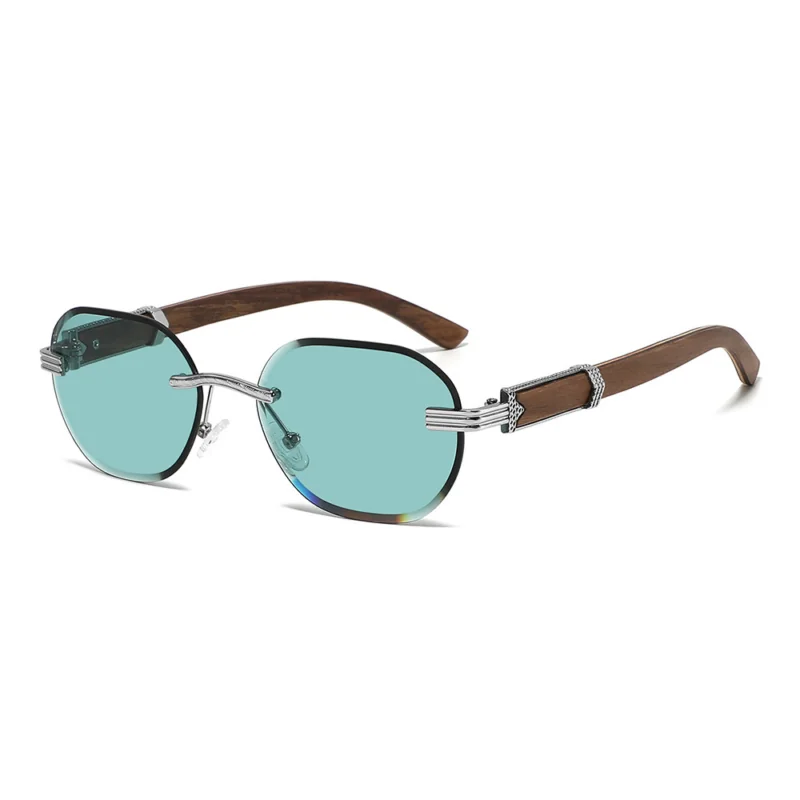 Rimless wooden temple sunglasses with metal frame and UV400 lenses for wholesale eyewear