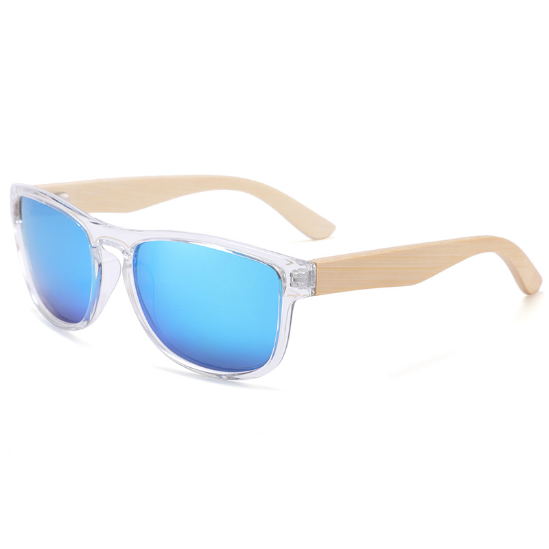 Polarized sunglasses with bamboo temples and blue mirror lenses for wholesale eyewear buyers