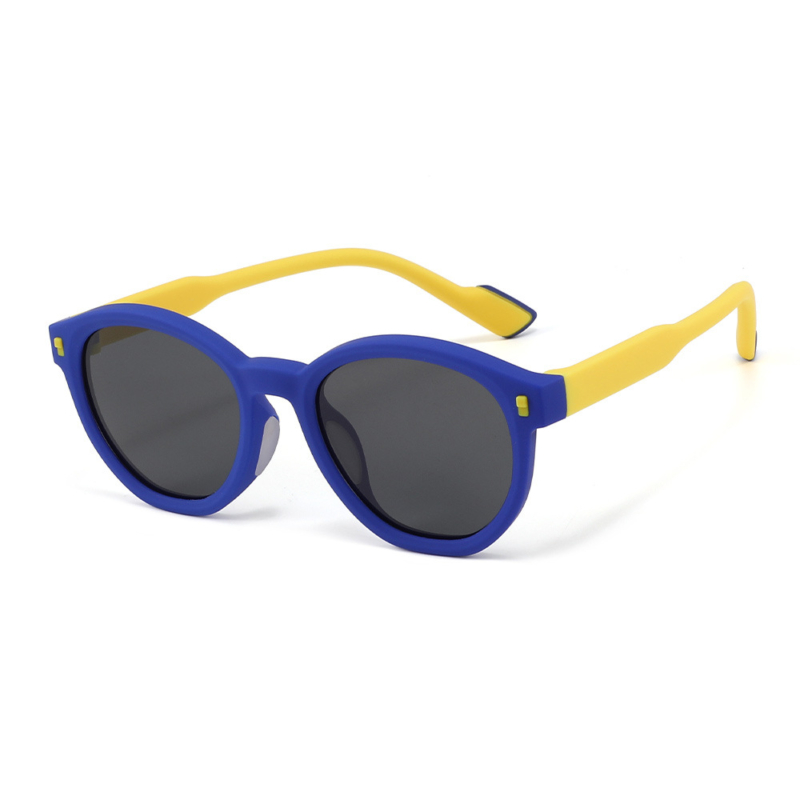 Blue TPEE frame polarized sunglasses for kids with yellow temples