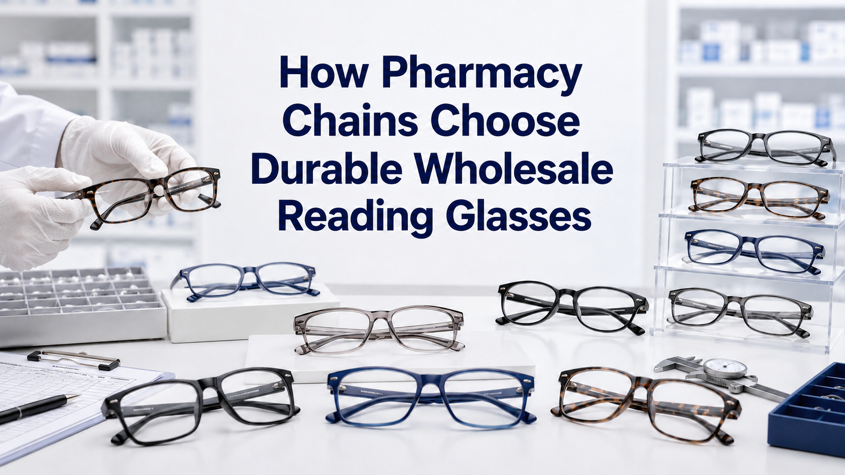 Durable wholesale reading glasses undergoing quality inspection for pharmacy chains sourcing private-label products from a China reading glasses manufacturer.