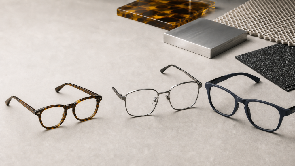Acetate, metal and TR90 optical frames displayed with matching material samples