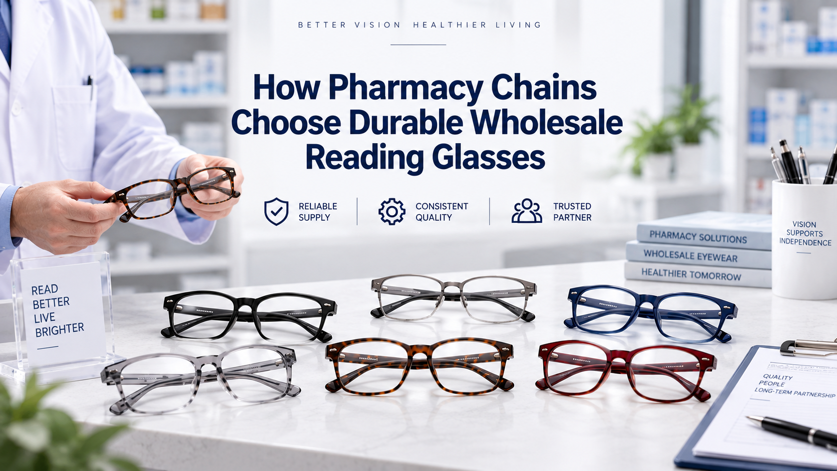Durable wholesale reading glasses undergoing quality inspection for pharmacy chains sourcing private-label products from a China reading glasses manufacturer.