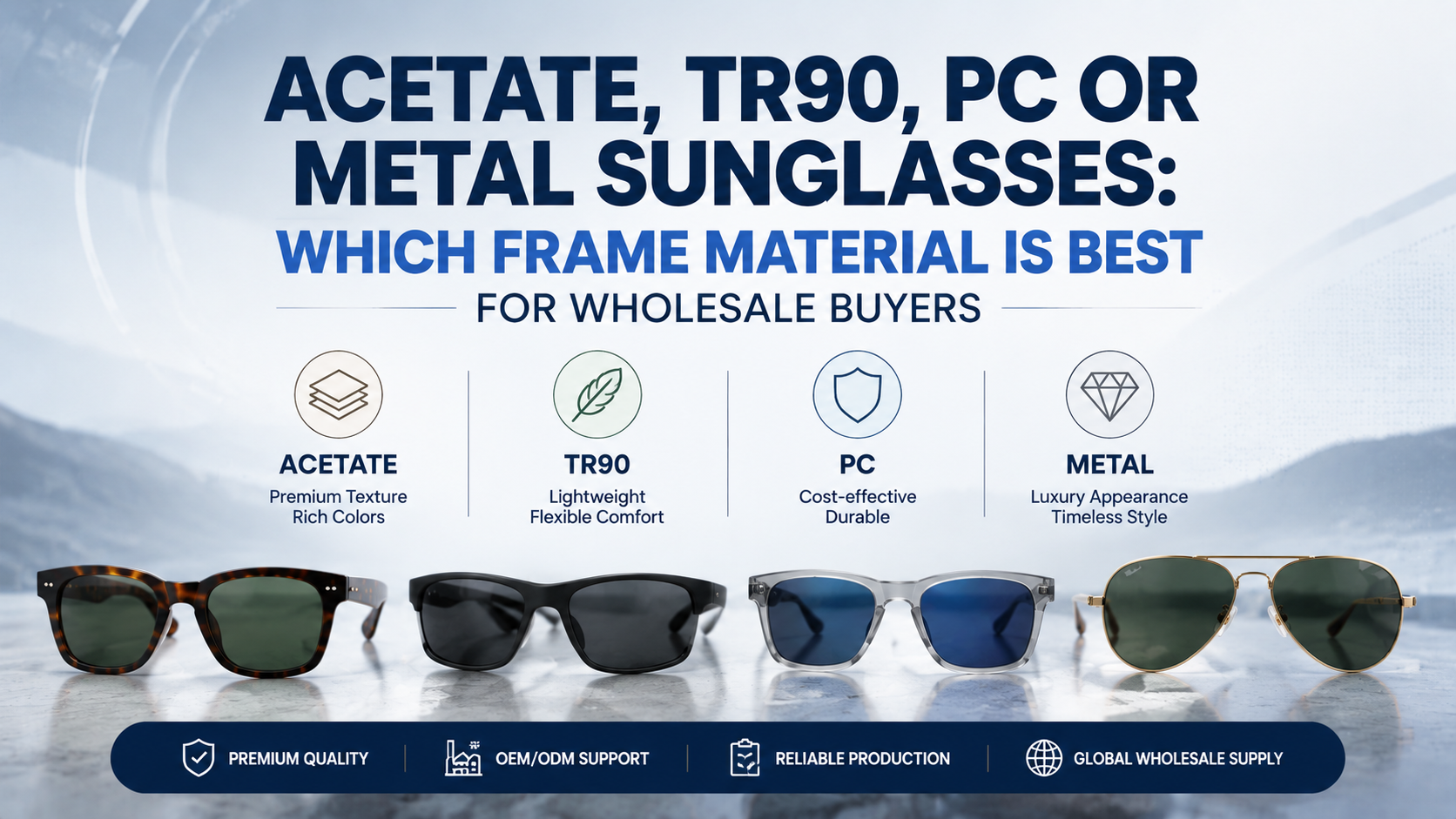 Acetate TR90 PC and metal sunglasses frame material comparison guide for wholesale buyers