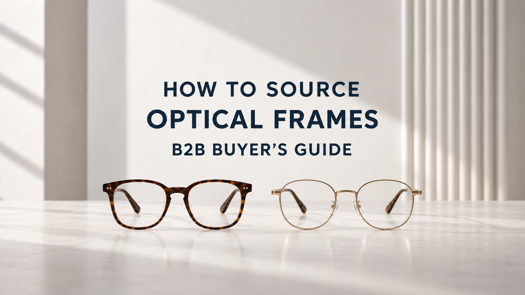 Assorted acetate, metal optical frames displayed on a neutral studio background for a B2B sourcing guide.