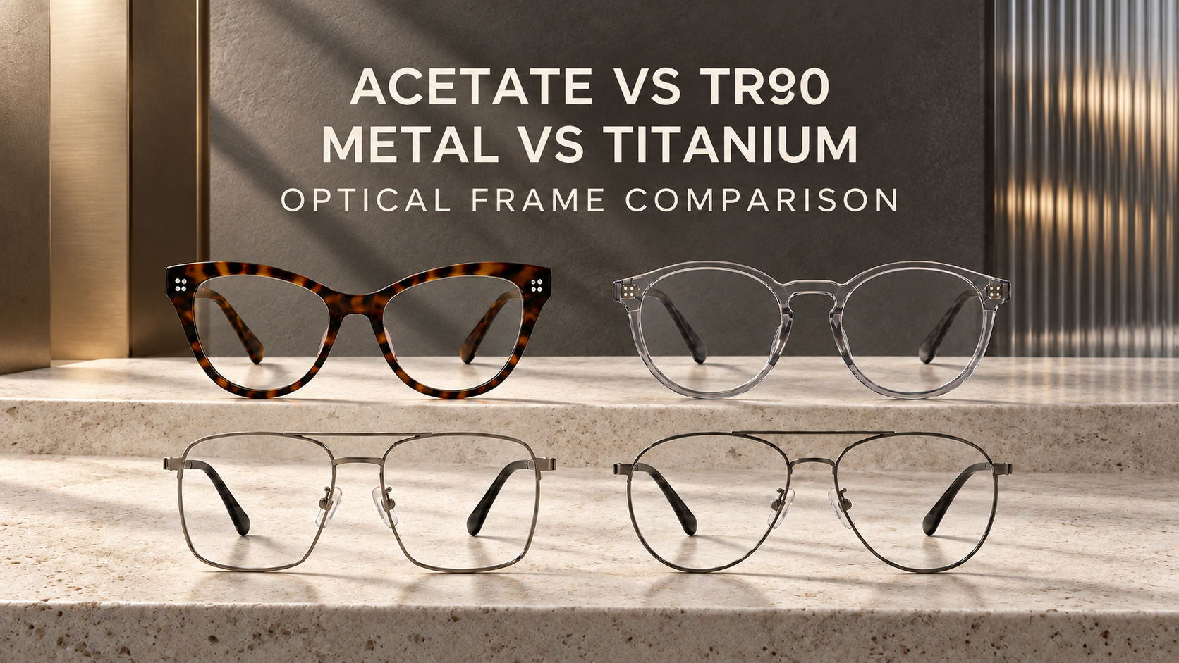 Acetate, TR90, metal and titanium optical frames in four distinct shapes for a B2B eyewear material comparison.