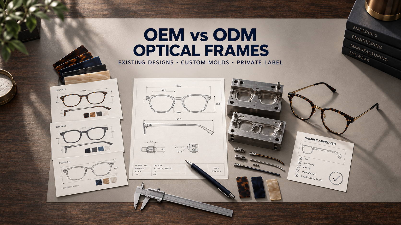 OEM and ODM optical frame development with design drawings, custom molds and an approved frame sample