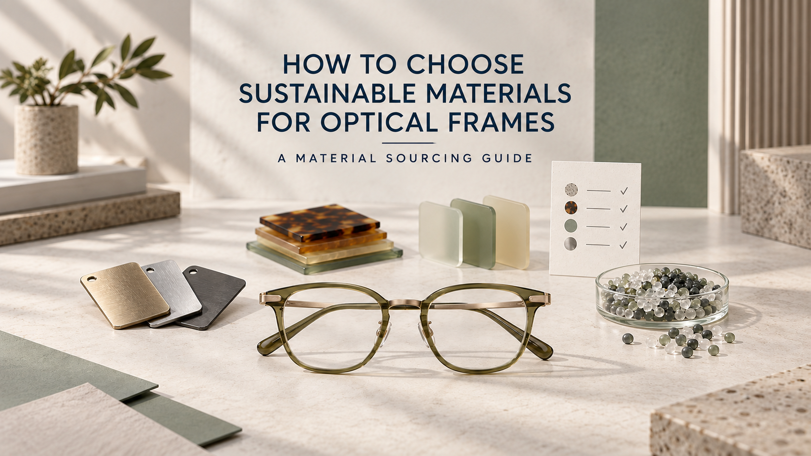 Sustainable optical frame material selection with acetate sheets, polymer pellets and metal swatches