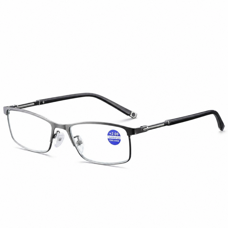 JHEYEWEAR metal blue light reading glasses for men with a silver and black rectangular frame
