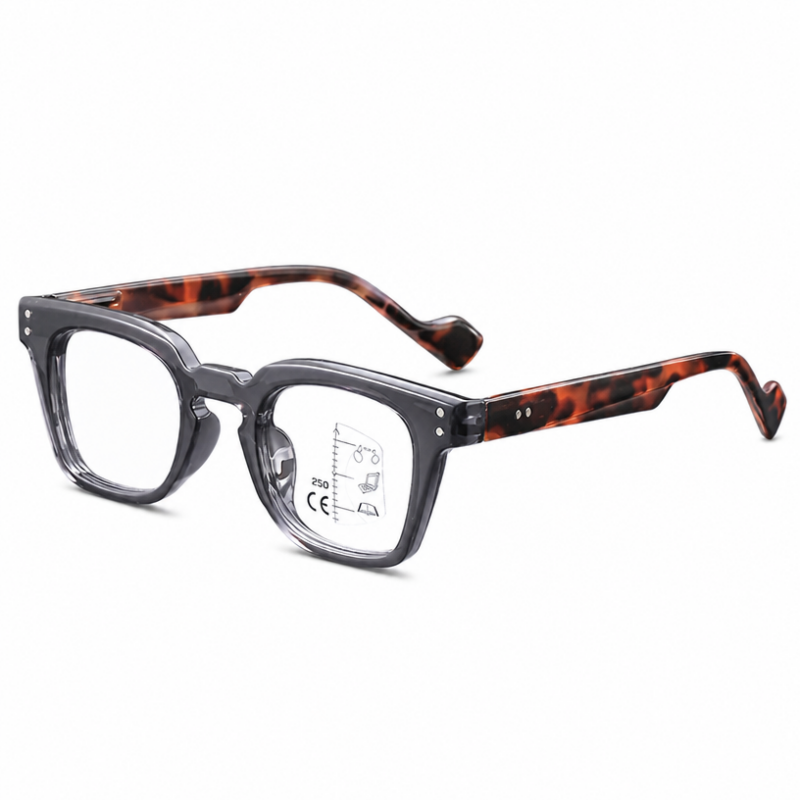 JHEYEWEAR photochromic progressive reading glasses with a grey and tortoise-pattern fra
