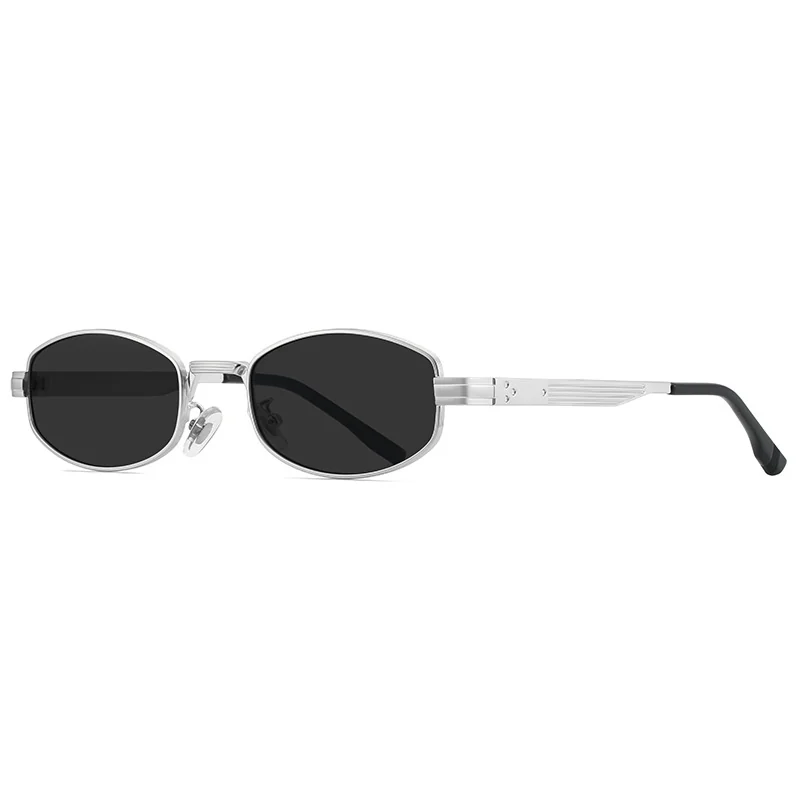 Wholesale 90s style metal oval sunglasses with shiny silver frame and dark grey UV400 lenses.