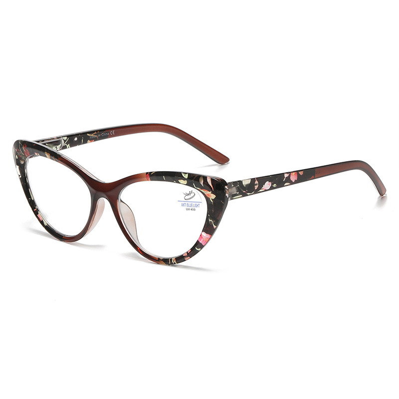 JHEYEWEAR blue light blocking reading glasses for women with a black floral-pattern upswept frame
