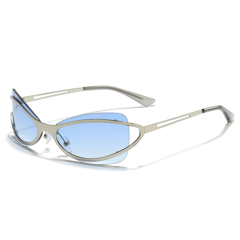 Custom silver metal frame Y2K wraparound sunglasses with gradient blue lenses for B2B wholesale.