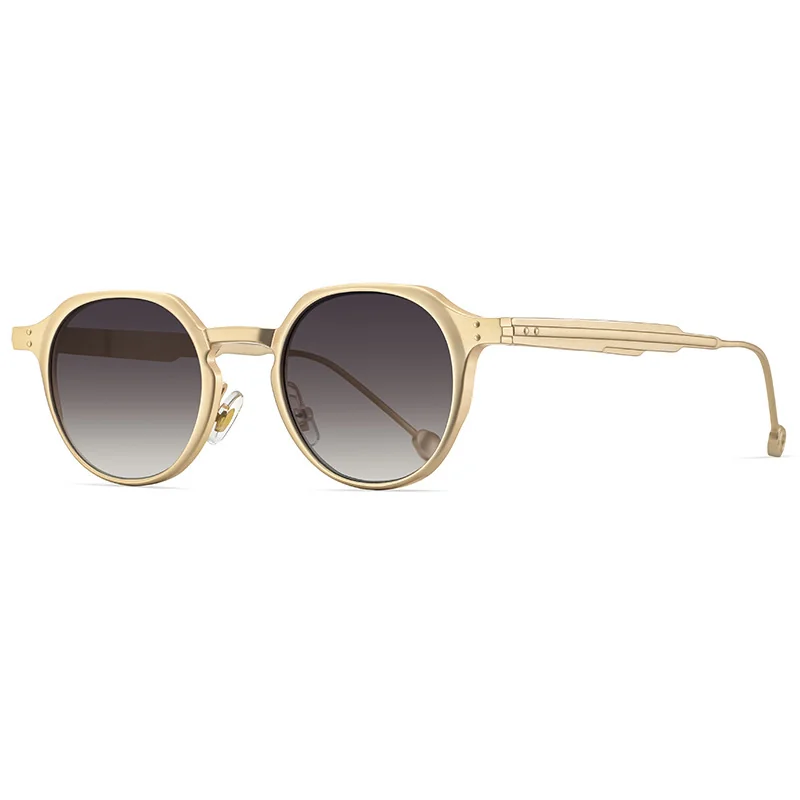 Custom sand golden metal frame round sunglasses with tea grey gradient lenses, China supplier.