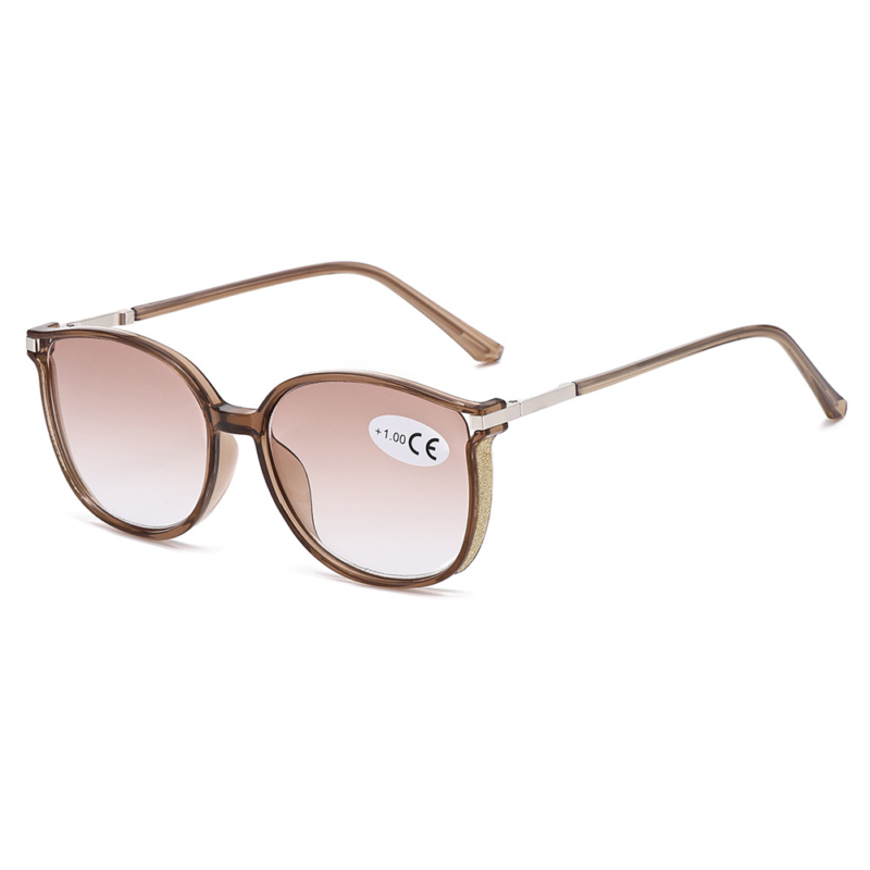 JHEYEWEAR fashion reader sunglasses for women with a transparent brown frame and gradient tinted lense
